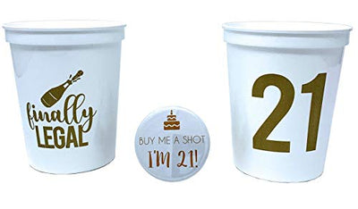 Finally Legal 21st Birthday Party Cups and 1"Buy Me a Shot I'm 21" Button! Set of 12, 16oz White and Gold 21st Birthday Stadium Cups, Perfect for Birthday Parties, Birthday Decorations