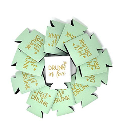 Drunk In Love and Just Drunk Bachelorette Party Can Coolers, Set of 12 White and Mint Green Beer Can Coolies, Perfect Bachelorette Party Decorations and Brides Maid Gifts (Mint Green)