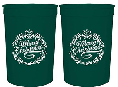 Christmas Party Cups -"Merry Christmas" Wreath - Set of 12 Green and White 16oz Stadium Cups, Perfect for Christmas Party, Friends Christmas Party, Holiday Party Cups, Christmas Party Decoration