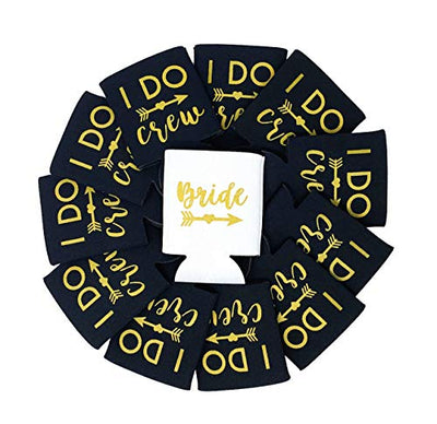 I Do Crew and Bride Bachelorette Party Can Coolers, Set of 12 Beer Can Coolies, Perfect Bachelorette Party Decorations and Bridesmaid Gifts (Black)
