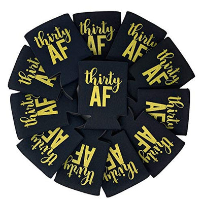 Thirty AF Can Coolers, 30th Birthday Party Coolies, Set of 12, Black/White and Gold Thirtieth Birthday Cup Coolers, Perfect for Birthday Parties, Birthday Decorations (Black)