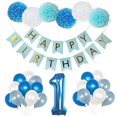 1st Birthday Party Decorations, First Birthday Supplies Boy, Perfect First Birthday Decoration Kit, Includes Balloons, Birthday Banner, and Pompoms