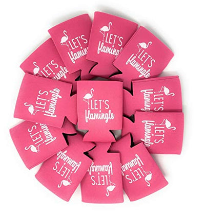Let's Flamingle!, Set of 12 Pink and White  Can Coolers Cups, Flamingo Can Coolers Perfect for Birthday Party, Bachelorette Party, and Bridal Showers  (Let's Flamingle)